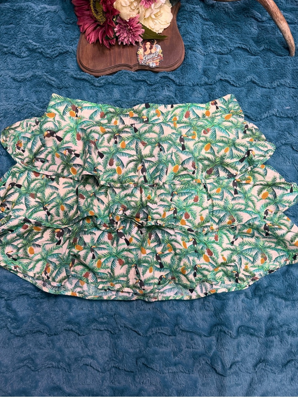 Farm Rio Womens L Toucan Pineapple Tropical Print Tiered Ruffle Mini Skirt